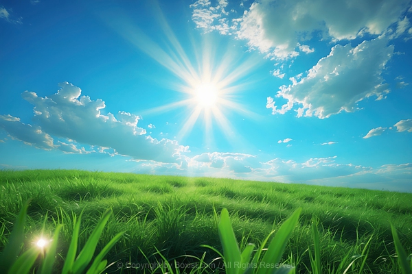 Green Grass Field Landscape With Cloudy Blue Sky And Sunflare