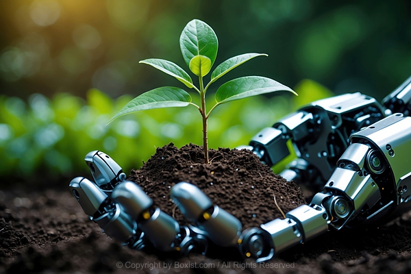 Metallic Robotic Hand Delicately Cradles Young Seedling Growing From Mound Of Rich Soil