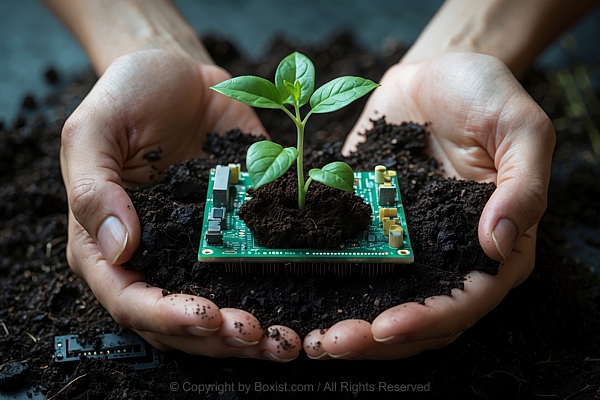 Two Hands Holding Green Plant Growing And Sprouting From Circuit Board