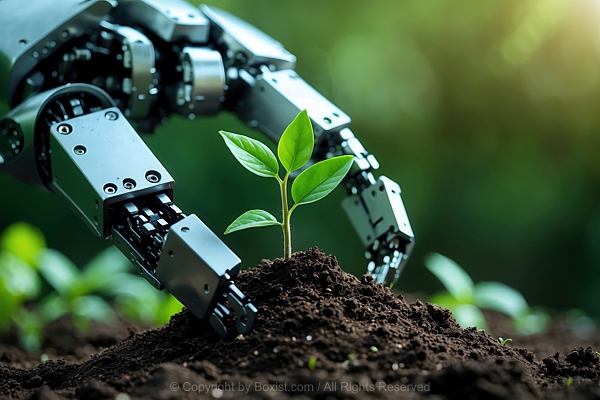Robotic Hand Delicately Cradles Young Seedling Growing From Soil