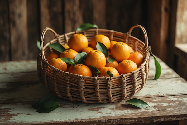 Oranges In Fruit Woven Basket On Old Wooden Table