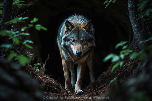 Wolf Steps Forward From The Its Den In The Forest