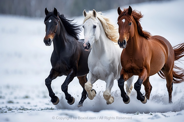 View Over Three Black And Brown And White Horses Galloping Through Snowy Landscape