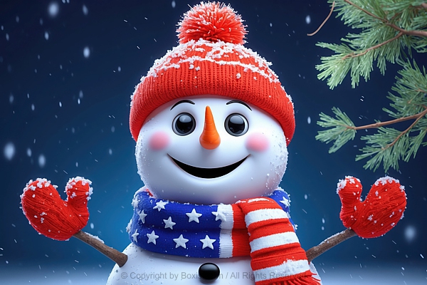 Cheerful Snowman Wears A Red Knitted Hat And A American Flag Scarf