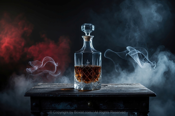 Bottle Of Whisky  On Old Wooden Table With Dark Smoke Background