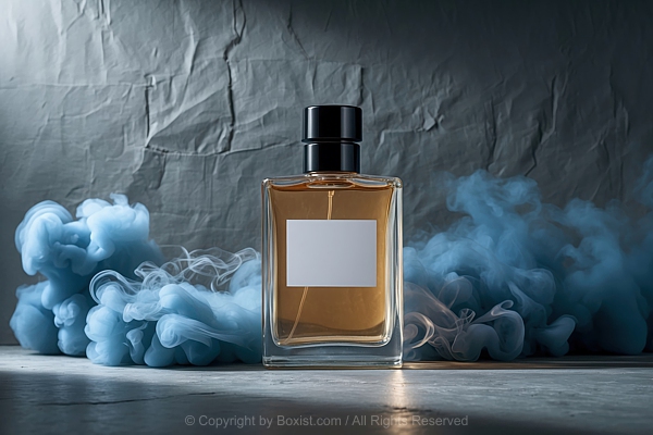Bottle Of Perfume With Gray Blue Smoke