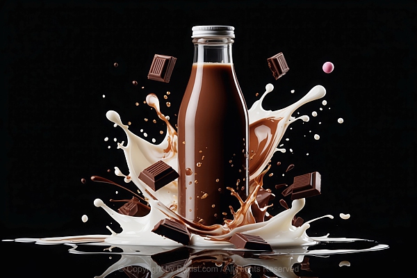 Bottle Of Chocolate Drink With Splashes Of Chocolate And Milk