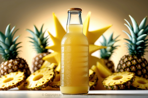 Bottle Of Fresh Pineapple Juice With Slices Of Pineapples