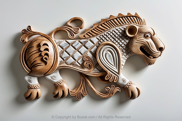 Artistic Wood Carving Of Lion Walking From The Side