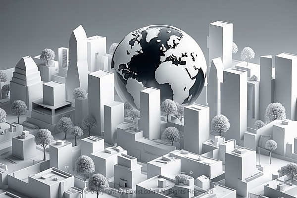Large Globe Emerging From Modern City Skyline 3D Model Design