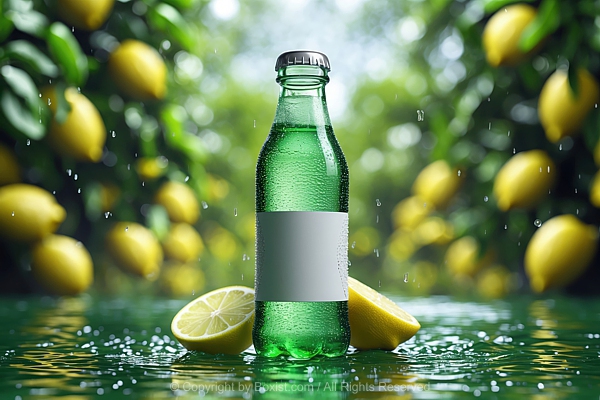 Lime Bottle Drink With Lemon Halves Against Background Of Green Lemon Trees