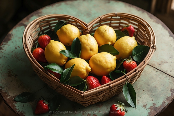 Lemons And Strawberries In Woven Rustic Heart Shaped Fruit Basket