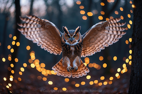 Magnificent Eurasian Owl In Flight Stretches Its Wings