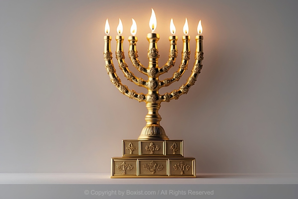Magnificent Golden Menorah With Seven Flames Burn Brightly On Its Branches