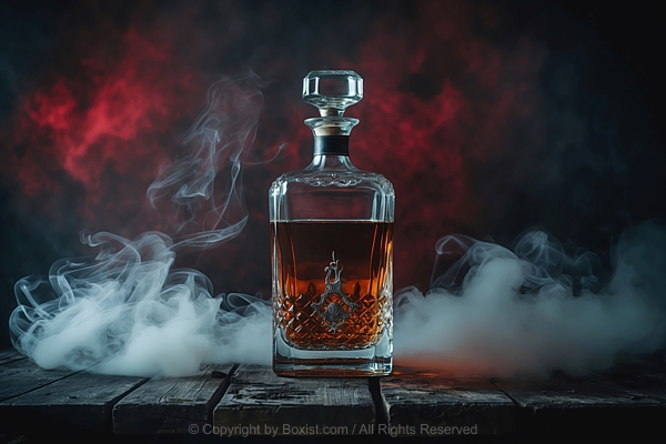 Whisky Decanter Bottle On Old Wooden Table With Dark Smoke Background