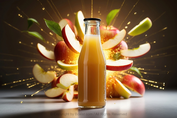 Longneck Cold Bottle Of Apple Juice With Bursting Slices Of Apple