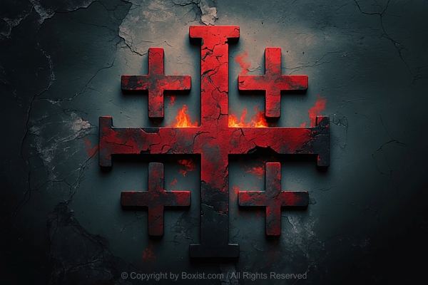 Jerusalem Cross Cracked And Old With Hints Red And Black On Dark Abstract Background
