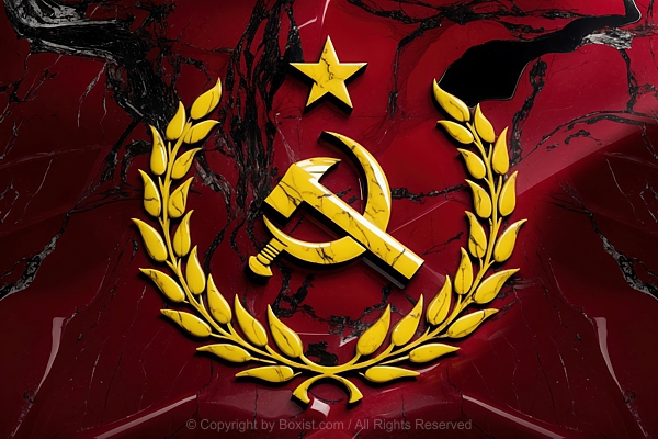 Communist Symbol Of Hammer And Sickle With Star And Laurel Wreath On Shiny Marble Background