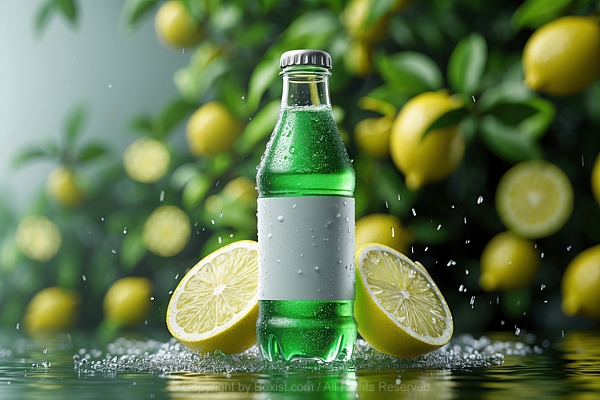 Bottle Drink With Lemons On Wet Surface Against Lush Green Lemon Trees Background