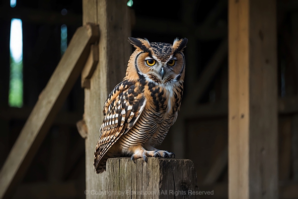 Owl Perching On Wooden Block Pole