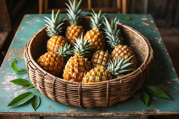 Pineapples In Fruit Woven Basket Placed On Old Wooden Table