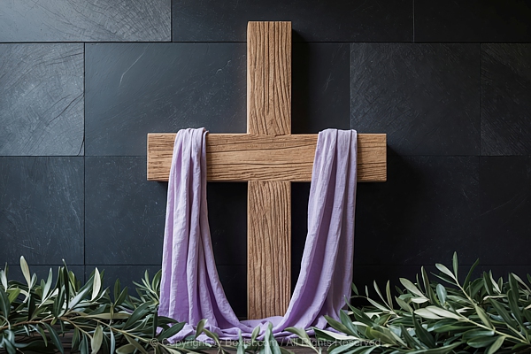 Purple Cloth Draped On Wooden Cross With Green Olive Leaves