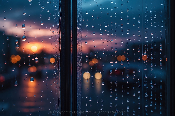 Rain Streaked Window With Raindrop Glistens As It Slides Down The Glass