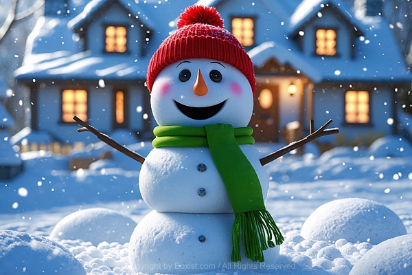 Cheerful Snowman In A Snowy Yard With Cozy Christmas Lights