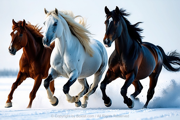 Three Brown And Black And White Horses Running Through Snow