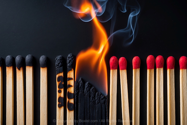 Row Of Wooden Matches That Have Been Burned On Black Background