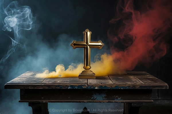 Shiny Golden Cross Placed On Old Wooden Table With Wisps Of Colored Smoke