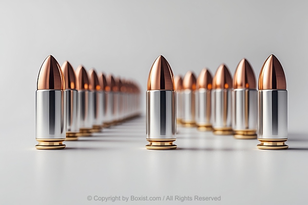 Shiny Small Bullets Ammunition Arranged On Bright Background
