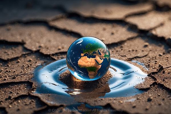 Glass Sphere With Planet Earth Sits On Wet Cracked Ground