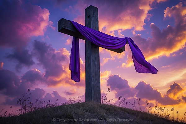 Cross With Purple Cloth Against Vivid Purple Orange Sunset Sky Background