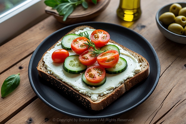 Slice Of Whole Grain Bread Spread With White Cheese With Tomatoes And Cucumbers
