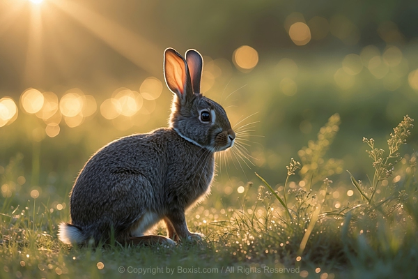 Rabbit Sits In Sunlit Meadow During The Golden Hour Of Early Morning