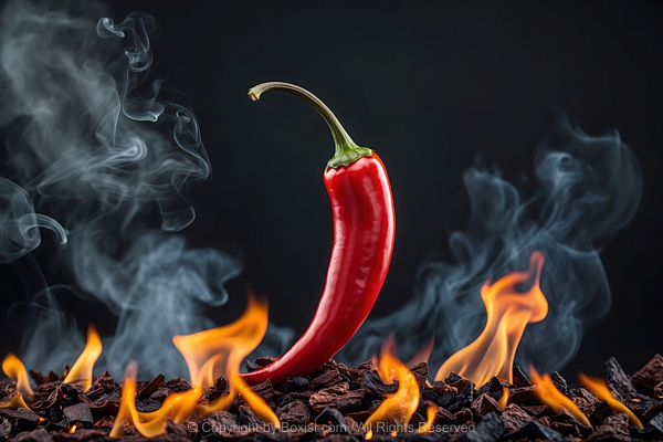 Red Chili Pepper Standing And Surrounded With Smoky Flames