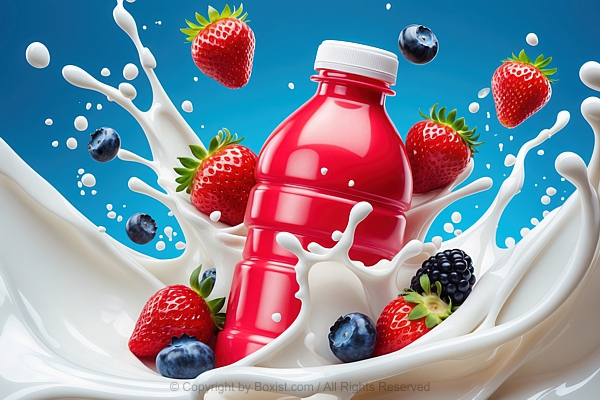 Plastic Bottle Of Strawberry Flavored Milk Against Blue Background With Splashes Of Milk
