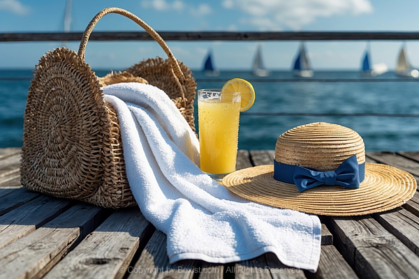 Straw Hat With Towel And Fresh Glass Of Lemon Juice With Straw Bag Against Blurred Ocean View