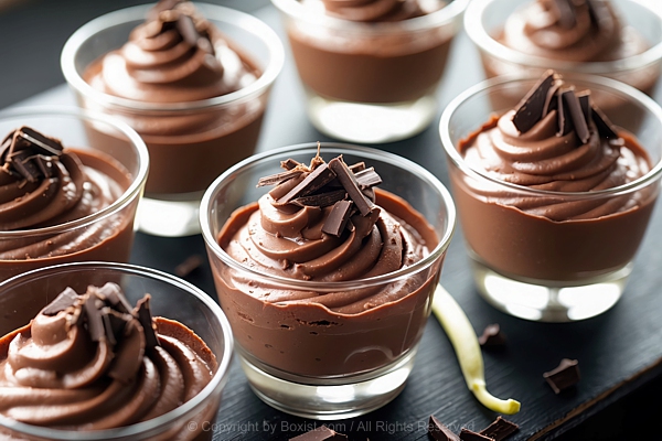 Chocolate Mousse Dessert Served In Small Clear Glass Cups With Creamy Texture And Spiral Top Finish