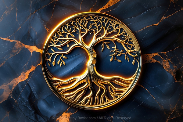 Golden Shiny Tree Of Life Symbol On Marble Background
