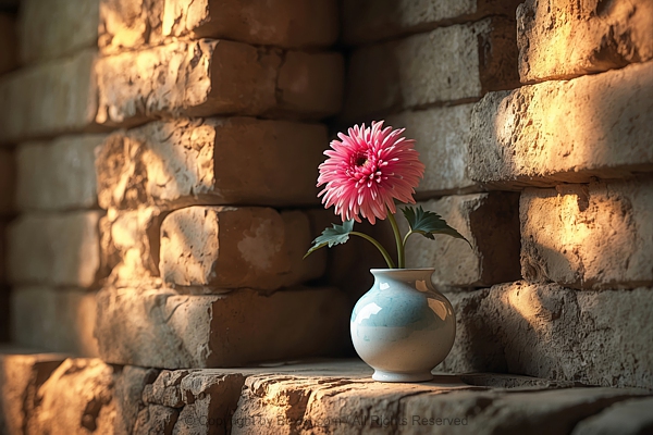 Chrysanthemums Flower In Pot On Stone Wall