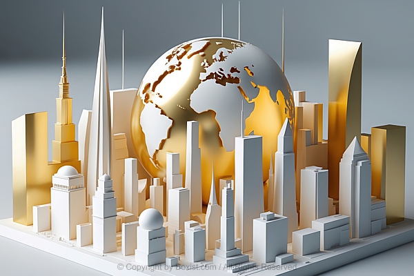 City Globe 3D Model Within City Urban Buildings With Gold And White Colors