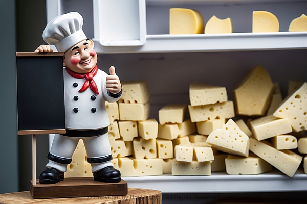 Chef Figurine Giving Thumbs Up Gesture Against Shelves Filled With Blocks Of Cheese
