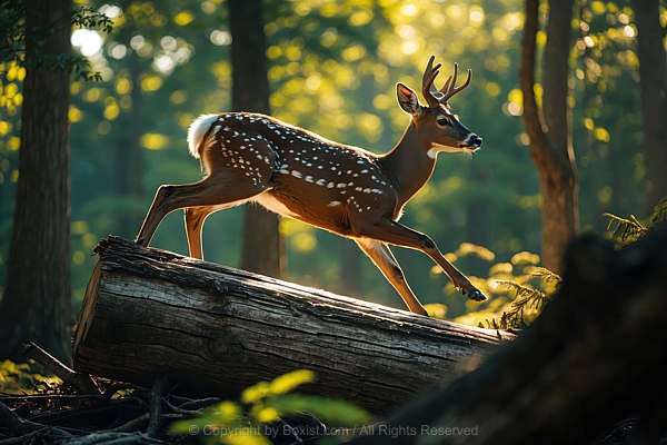 Deer Leaps Over Large Fallen Log In The Forest