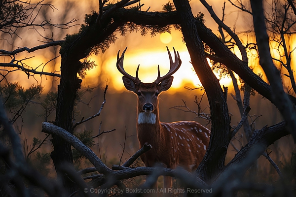 Deer Standing In The Middle Of Forest Branches At Sunset