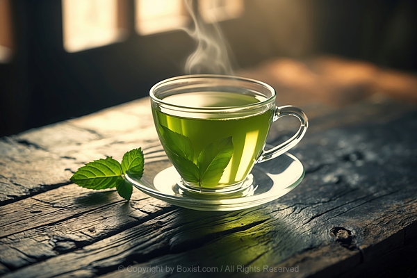 Cup Of Green Tea With Fresh Mint Leaves On Wooden Table