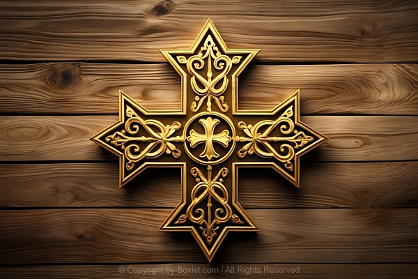 Decorated Coptic Cross Symbol On Wooden Background