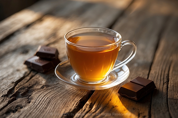 Cup Of Tea On Rustic Wooden Table With Chocolate Pieces