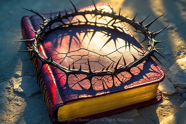 Crown Of Thorns Resting On Top Of Leather Bound Bible Book With Dark Old Cracked Red Cover
